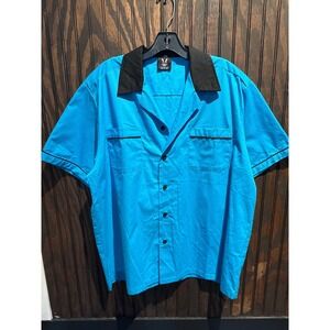 Steady Clothing Mens Bowling Shirt Turquoise Blue Black Rockabilly Retro Large